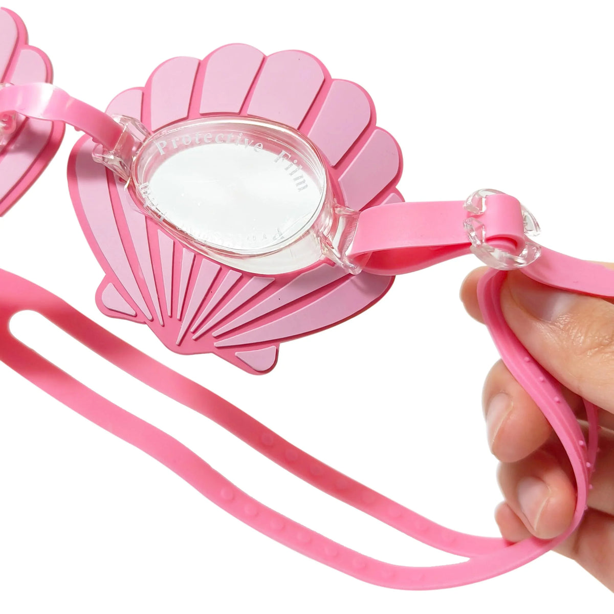 LuvHer Shop pink seashell swim goggles for girls, scallop shell design, held by hand