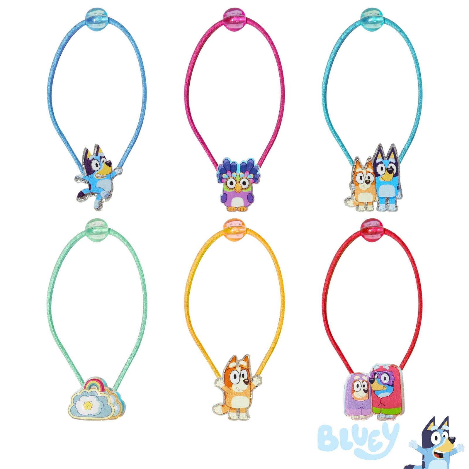 Bluey hair ties set for girls featuring Bluey and Bingo characters in colorful packaging