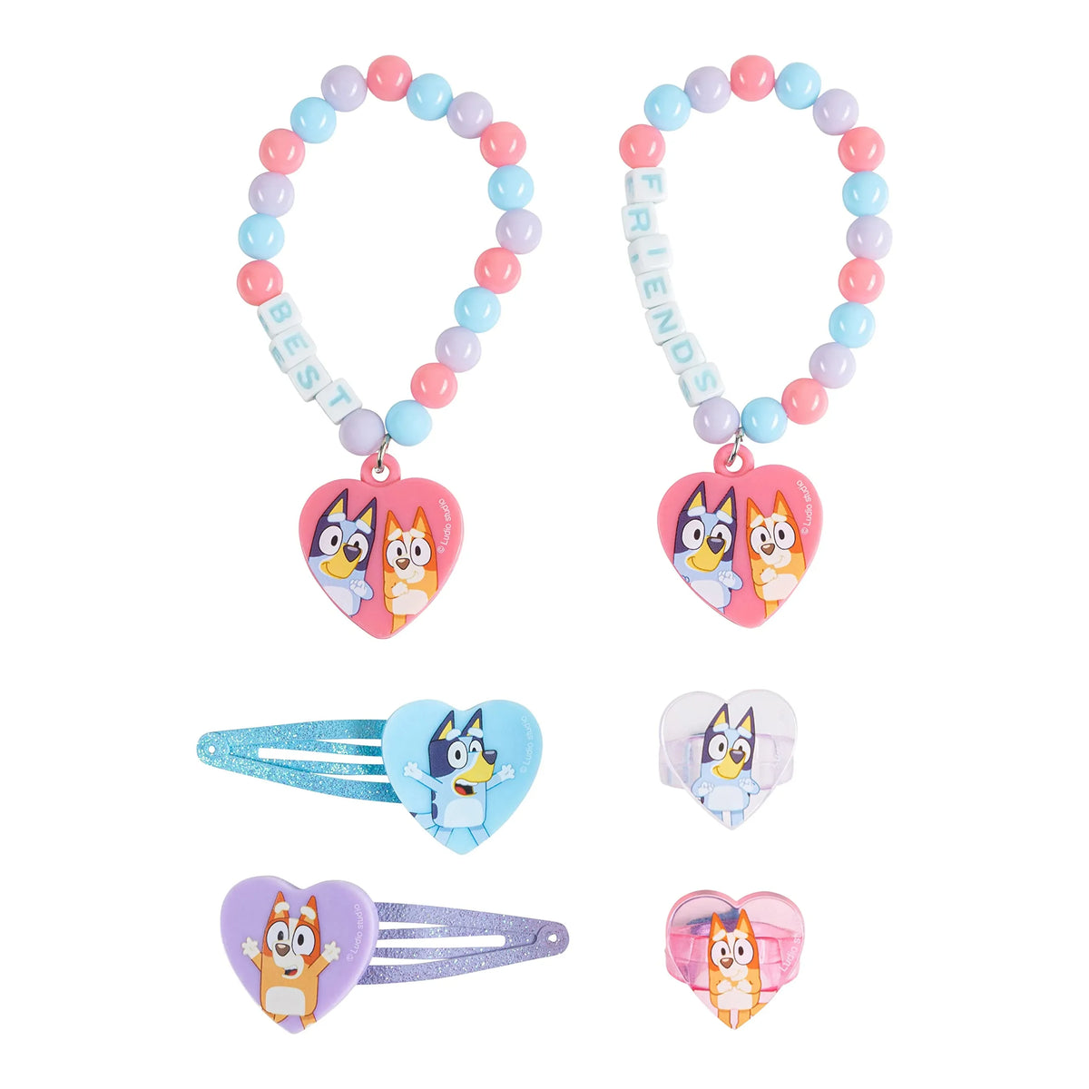 Bluey Best Friends Bracelet and Hair Clip Gift Set featuring colorful beads, heart charms, and character clips from the LuvHer Shop officially licensed girls' accessories collection.
