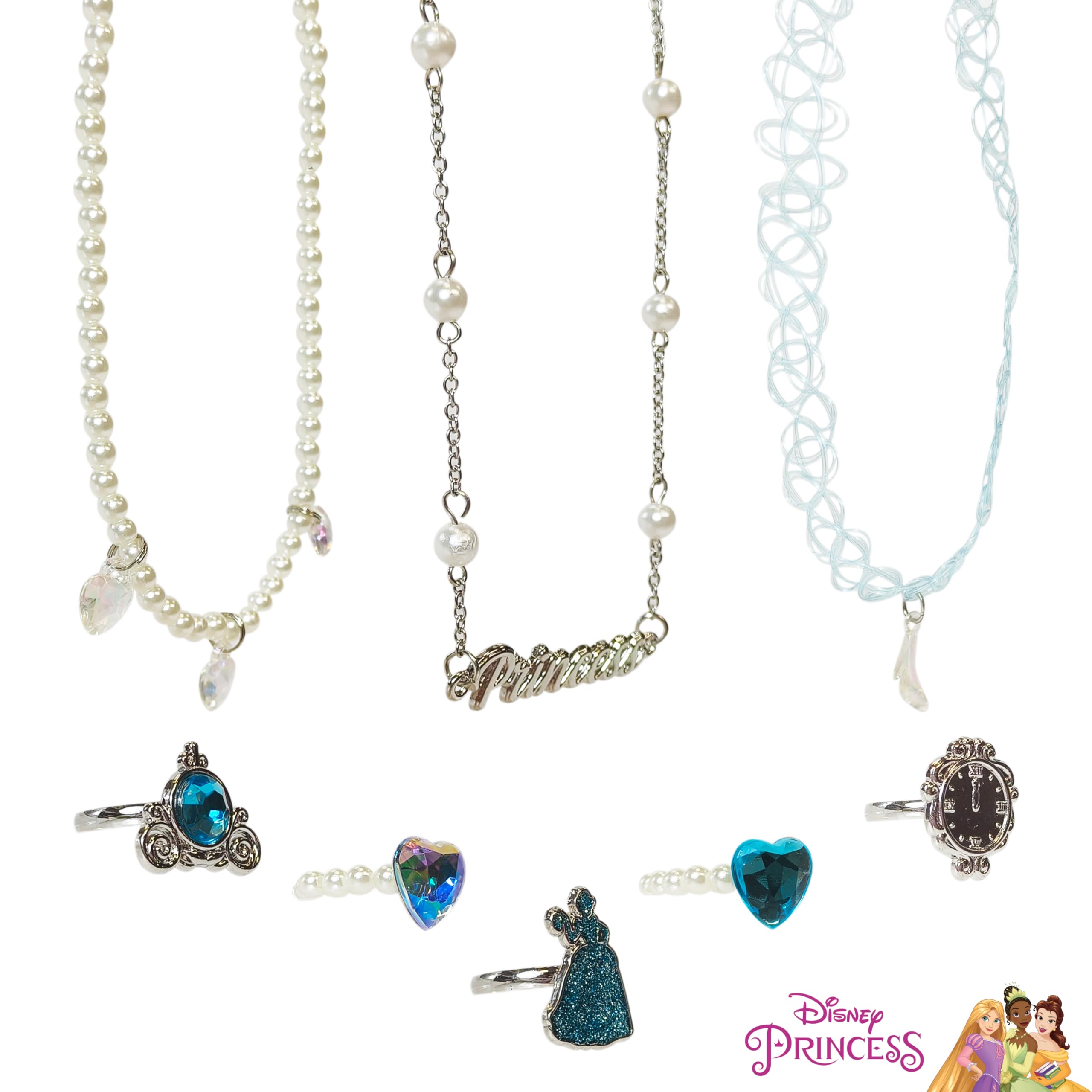 LUV HER Disney Princesses Colorful Jewelry 8 pieces Set for Girls, Official Licensed- Necklaces and Metal Charm Rings - Birthday and Party Favor - Ages 3+ - LuvHer Shop