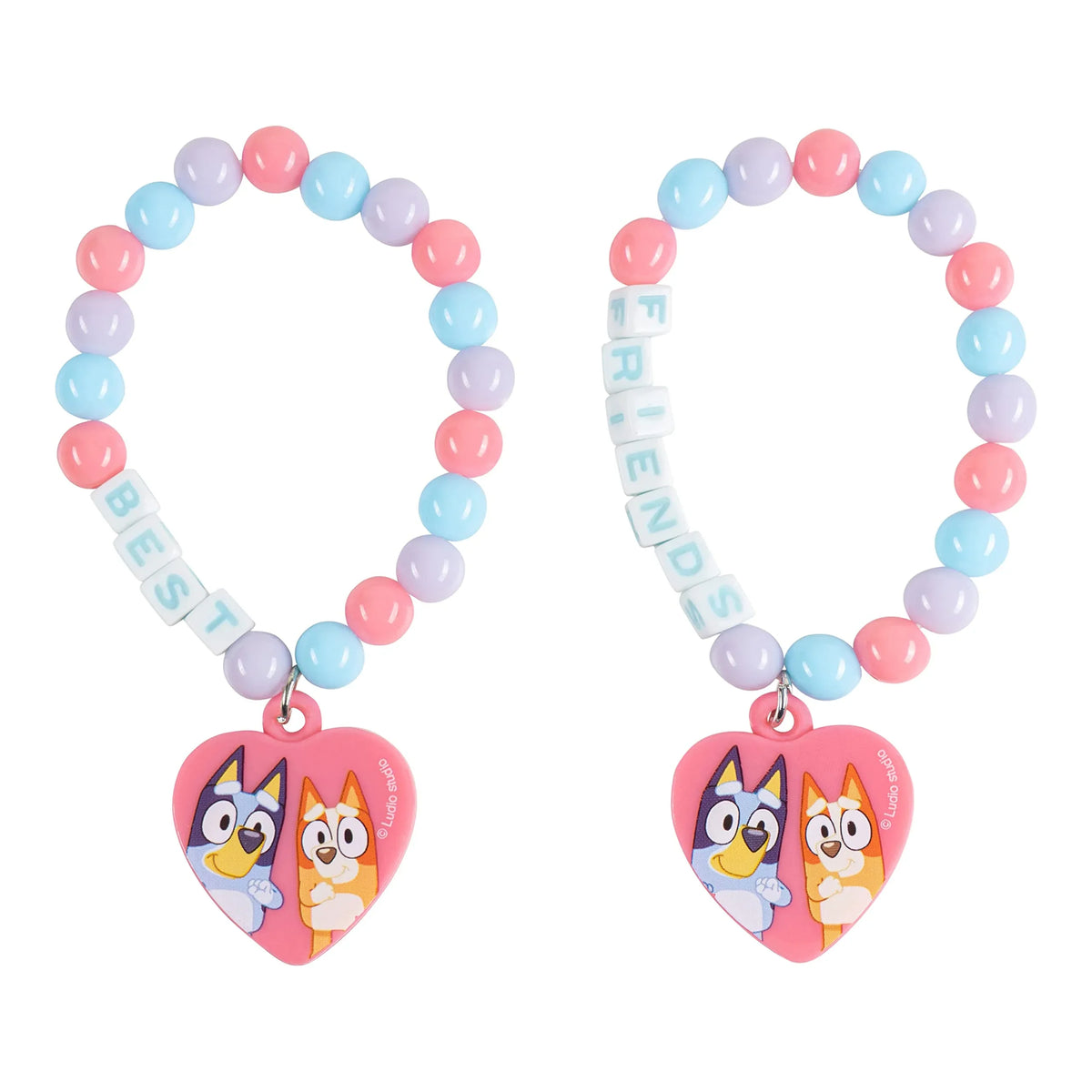Bluey Best Friends beaded bracelets with Bluey and Bingo heart charms, girls' accessories