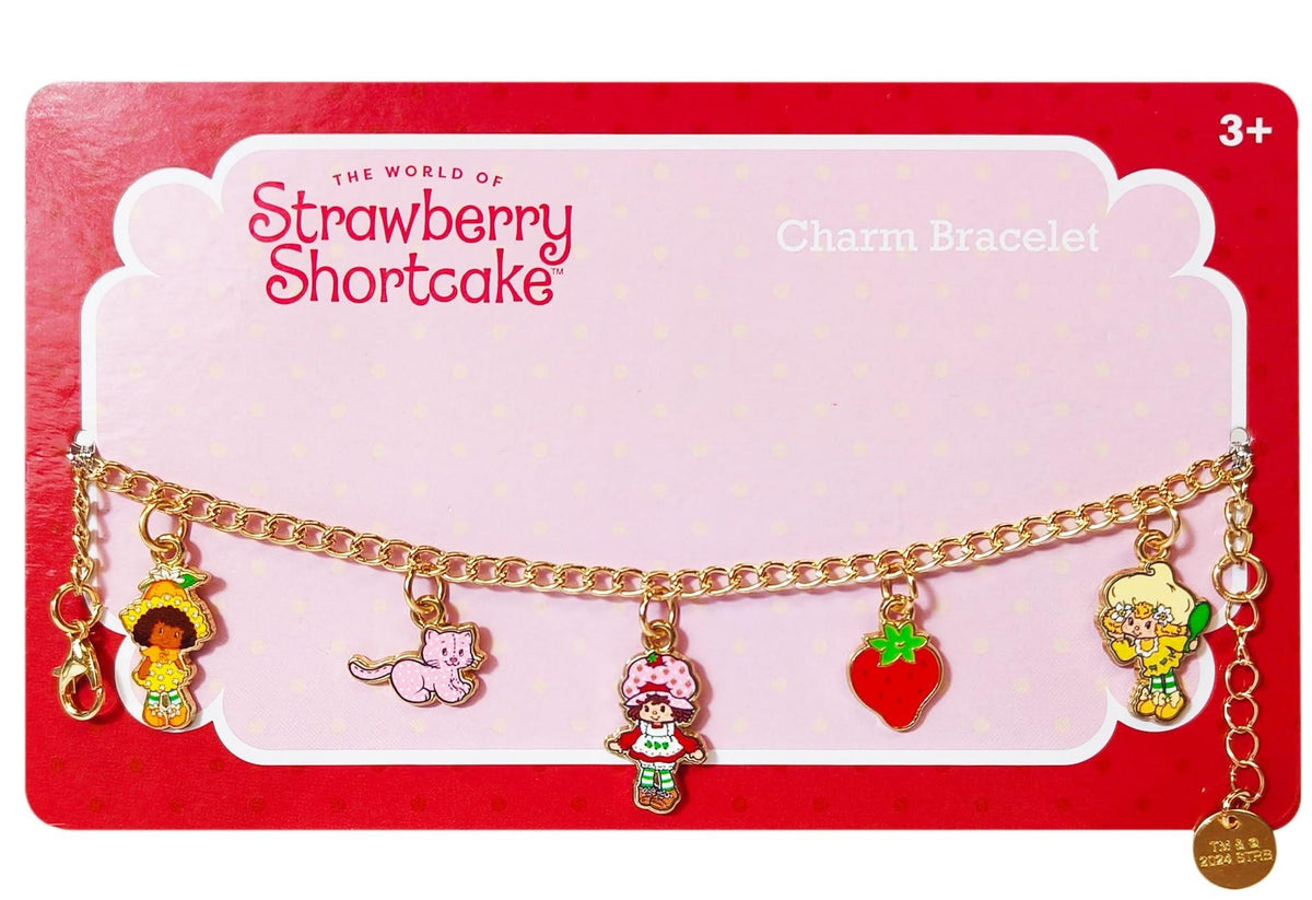 Strawberry Shortcake charm bracelet with colorful character and fruit charms on LuvHer Shop card
