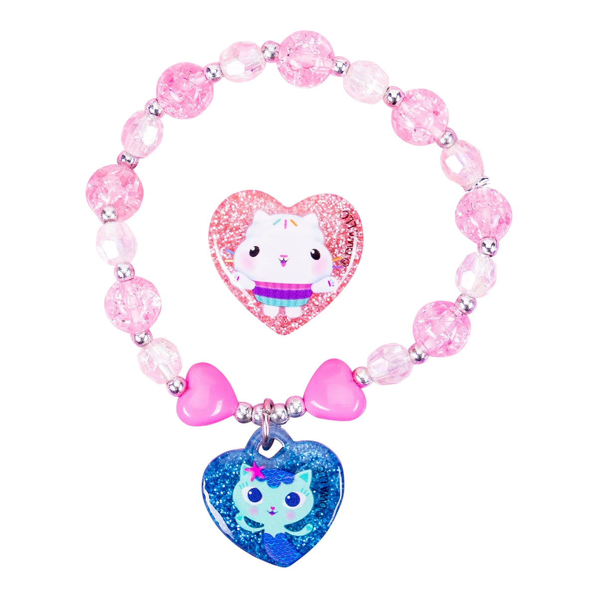 Gabby's Dollhouse bracelet and ring set with pink beads and cat charms for girls