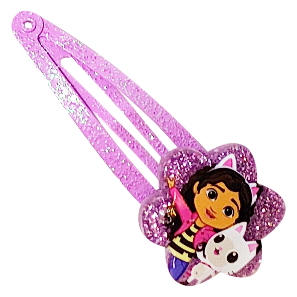 Gabby's Dollhouse glitter hair clip for girls with cartoon character on purple background