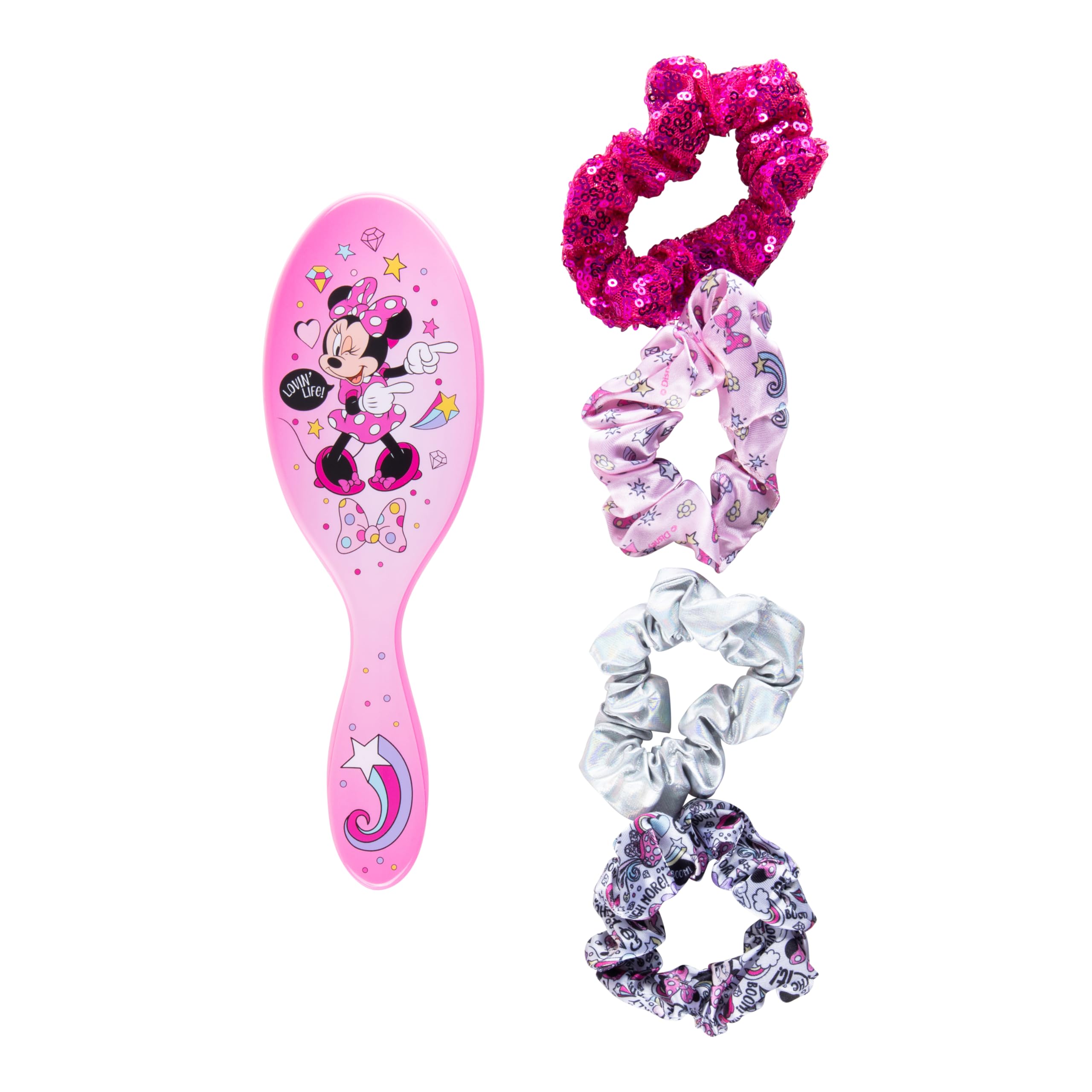 LUV HER Disney Junior Minnie Mouse Hair Accessory 5 Pcs Set - 1 Large Minnie Mouse Hair Brush + 4 Minnie Scrunchies - Hair Accessories - Pink Detangling Brush - Elastic Hair Ties Ropes Scrunchie