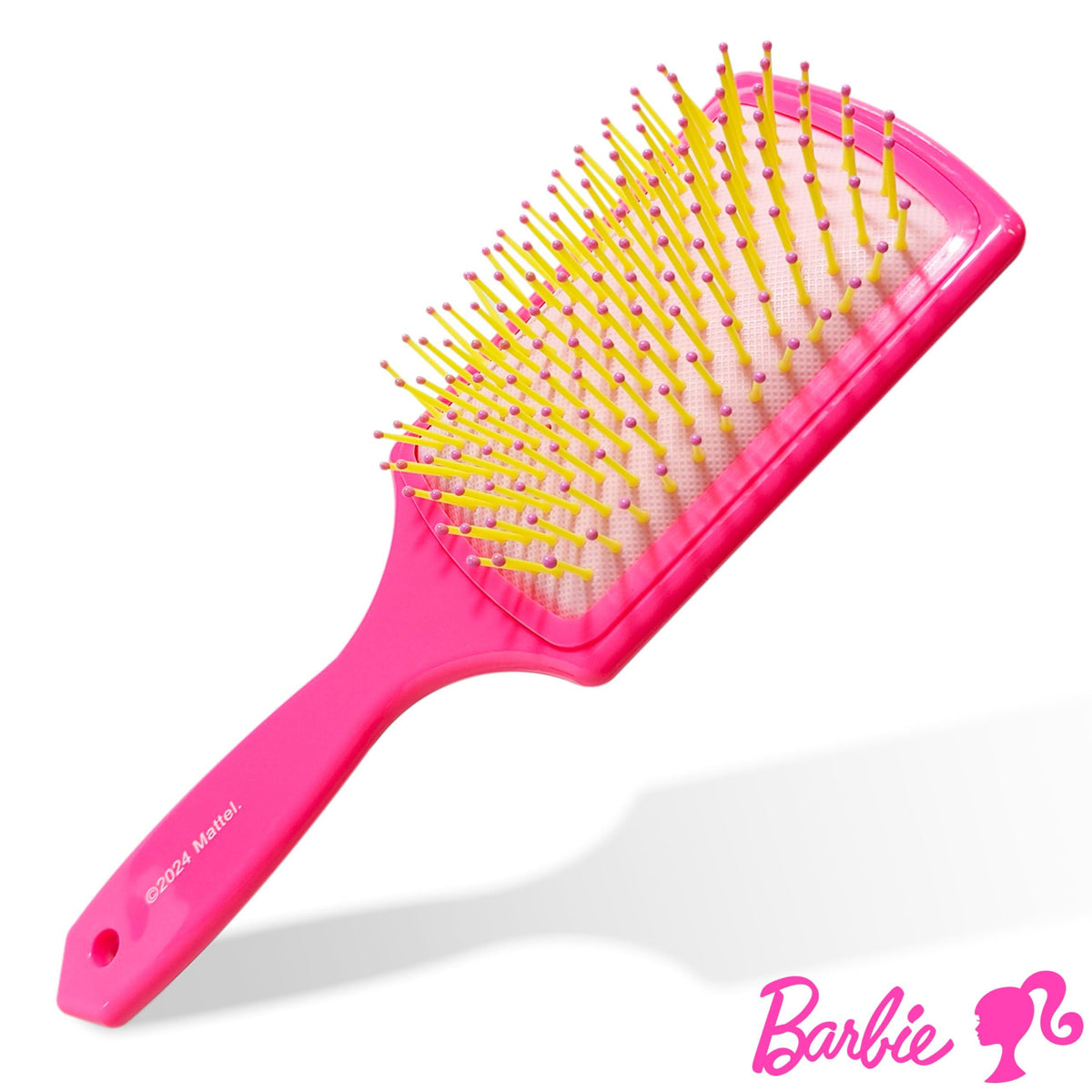 Barbie Paddle Hair Brush for girls, bright pink handle with yellow bristles, Barbie logo