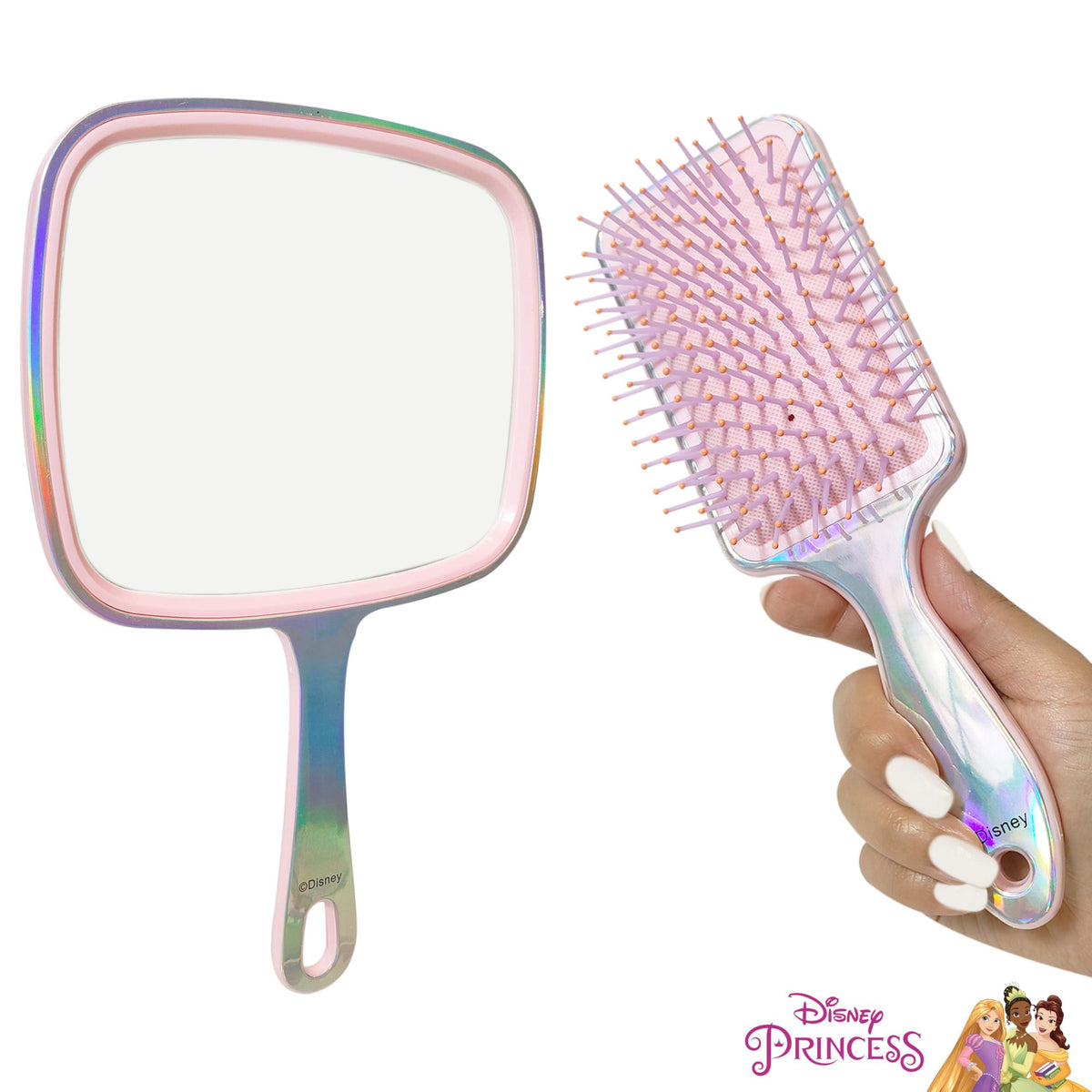Disney Princess iridescent paddle brush and hand mirror set with pink bristles from LuvHer Shop