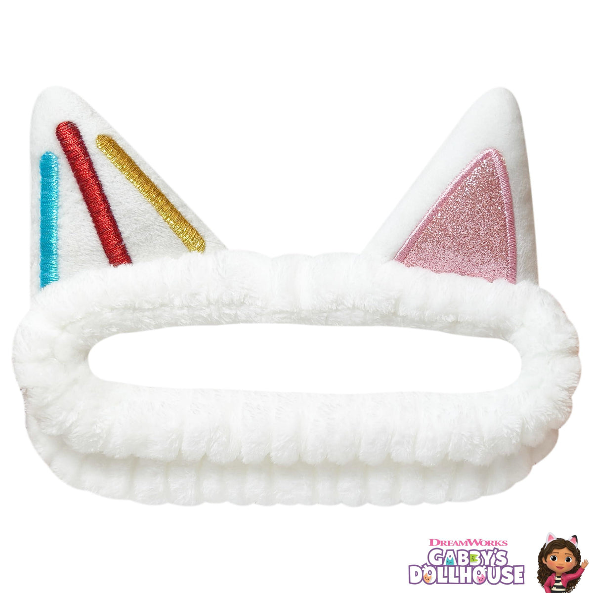 Gabby's Dollhouse plush white headband with colorful embroidered cat ears, LuvHer Shop accessory.