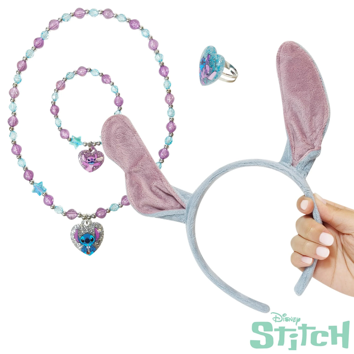 Disney Stitch girls' accessory set with plush ear headband, beaded necklace, bracelet, and ring