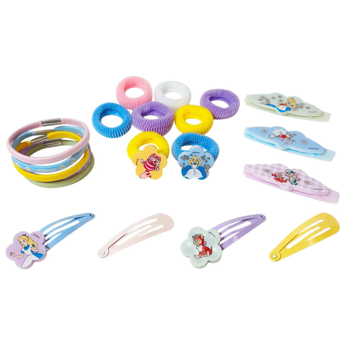 Alice in Wonderland Girls Hair Accessory Bundle with colorful scrunchies, clips, and bracelets