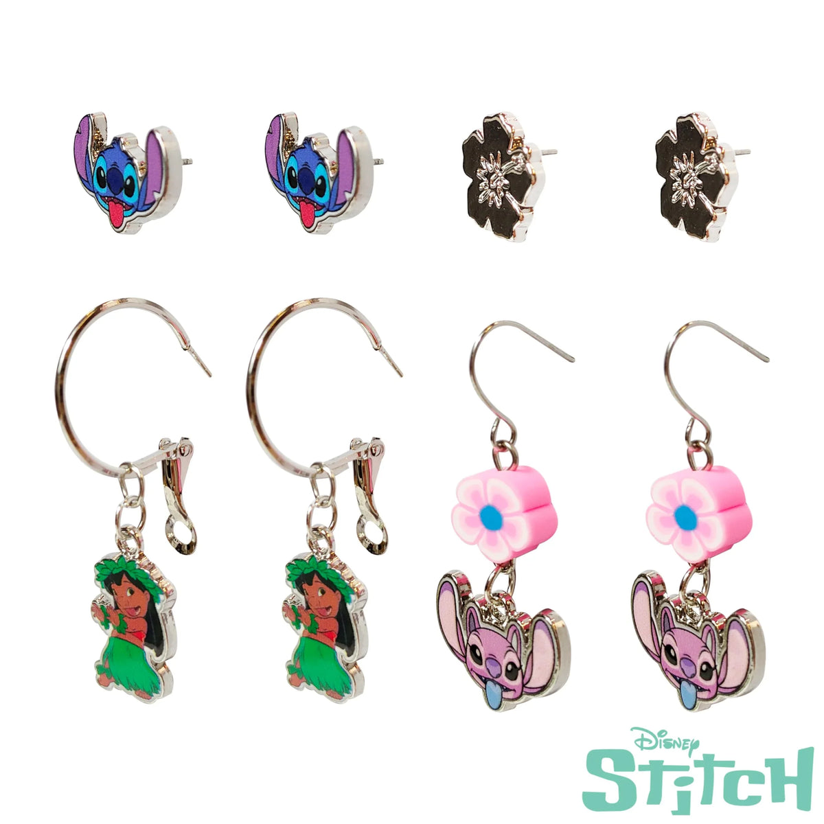 Disney Stitch earring set with Stitch, Lilo, flower, and pink floral charms, LuvHer Shop