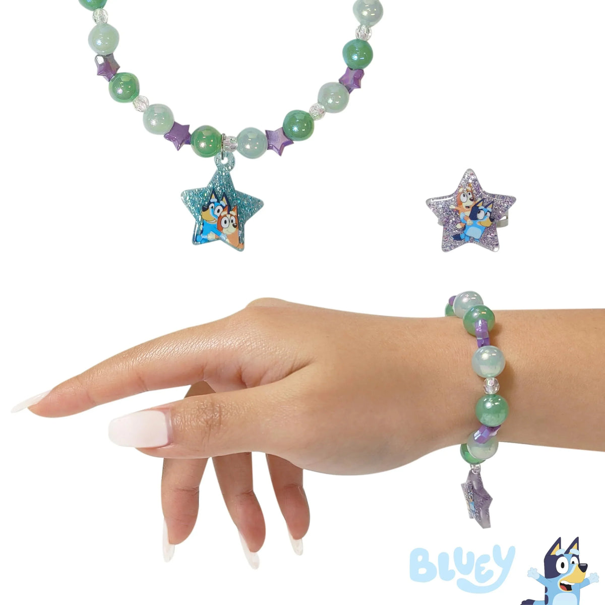Bluey Jewelry Set showing necklace, bracelet, and ring with star Bluey charms, LuvHer Shop accessories