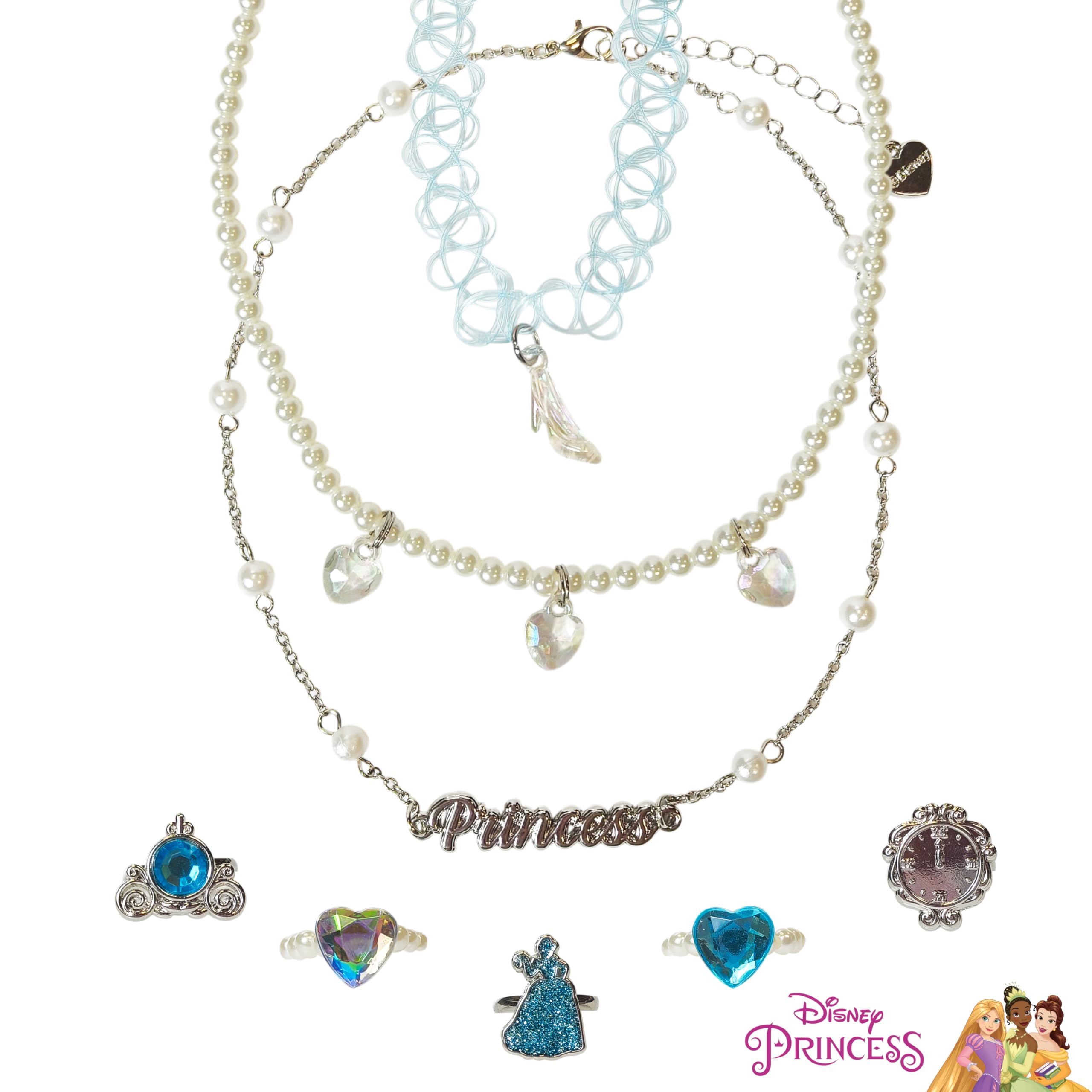 LUV HER Disney Princesses Colorful Jewelry 8 pieces Set for Girls, Official Licensed- Necklaces and Metal Charm Rings - Birthday and Party Favor - Ages 3+ - LuvHer Shop