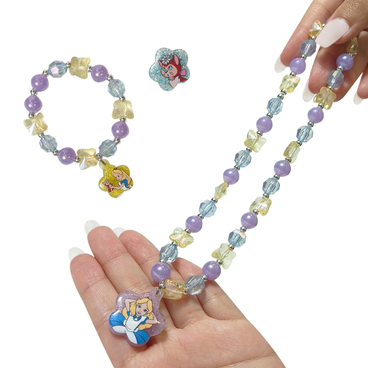 Alice in Wonderland jewelry set with beaded necklace, bracelet, and ring from LuvHer Shop