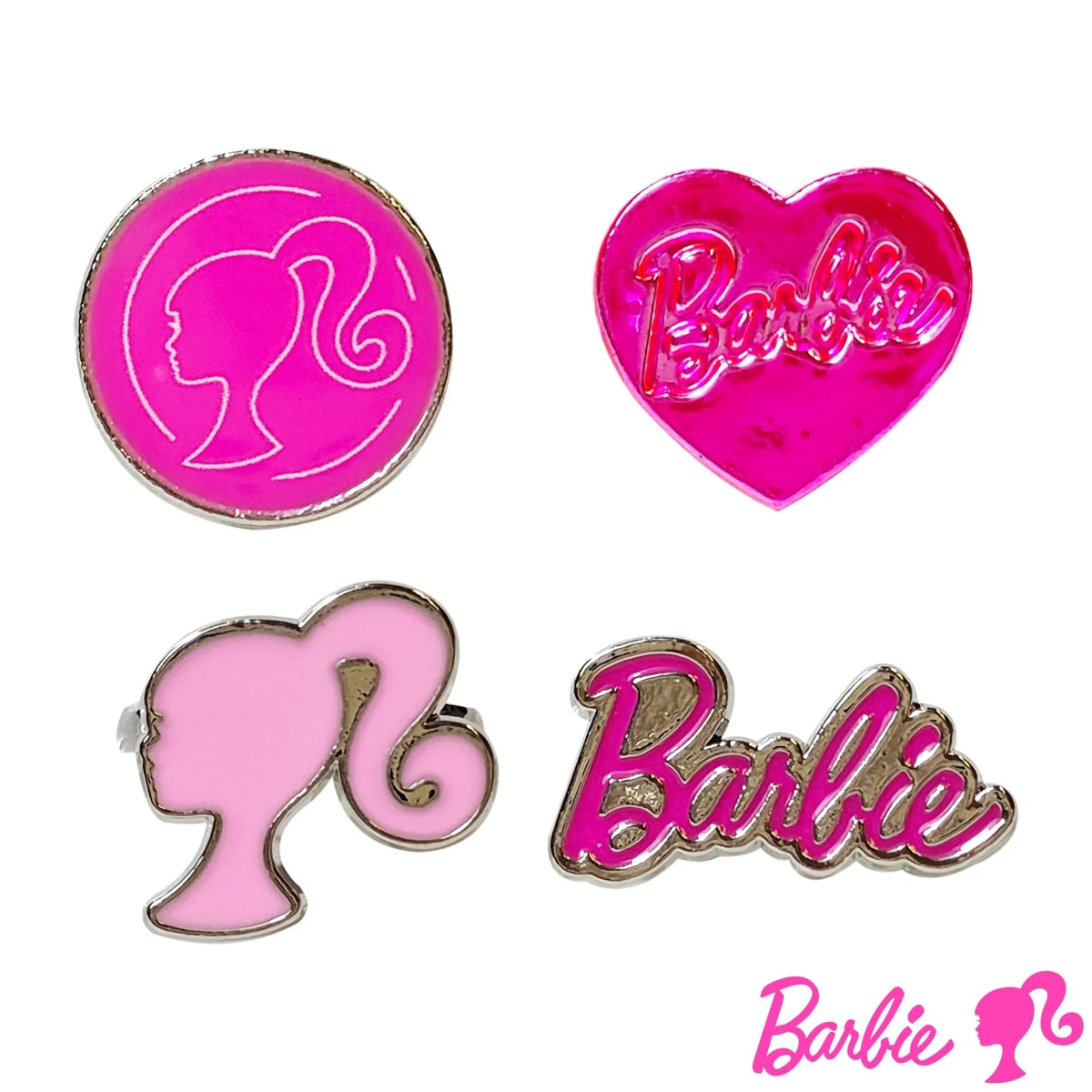 Barbie enamel pins set featuring pink Barbie logo, silhouette, and heart designs, officially licensed