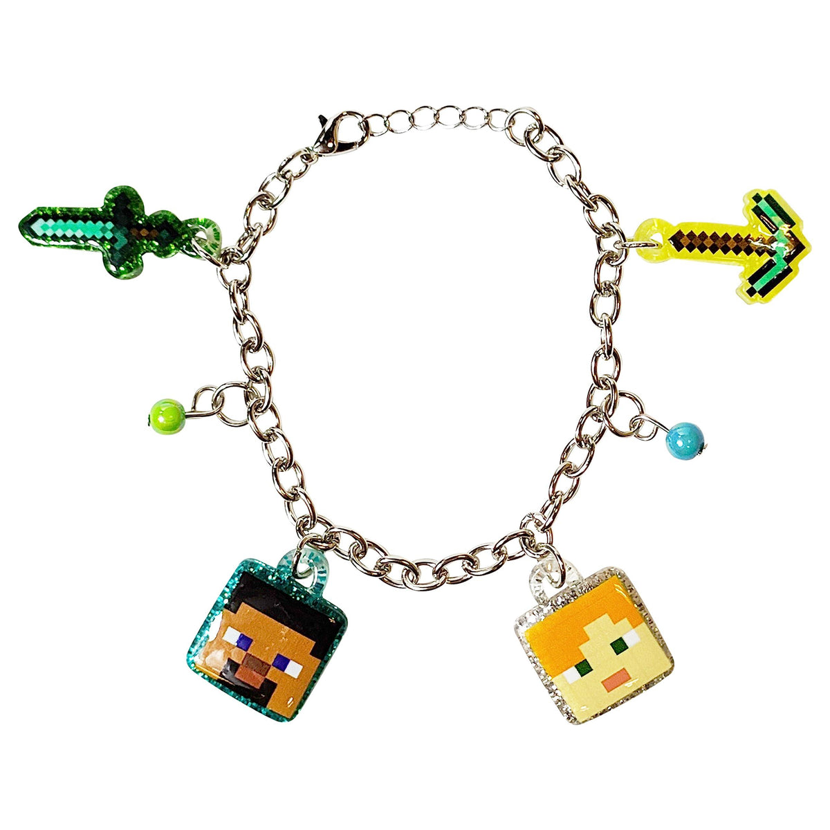 Minecraft Charm Bracelet with pixelated character and sword charms, girls’ jewelry from LuvHer Shop