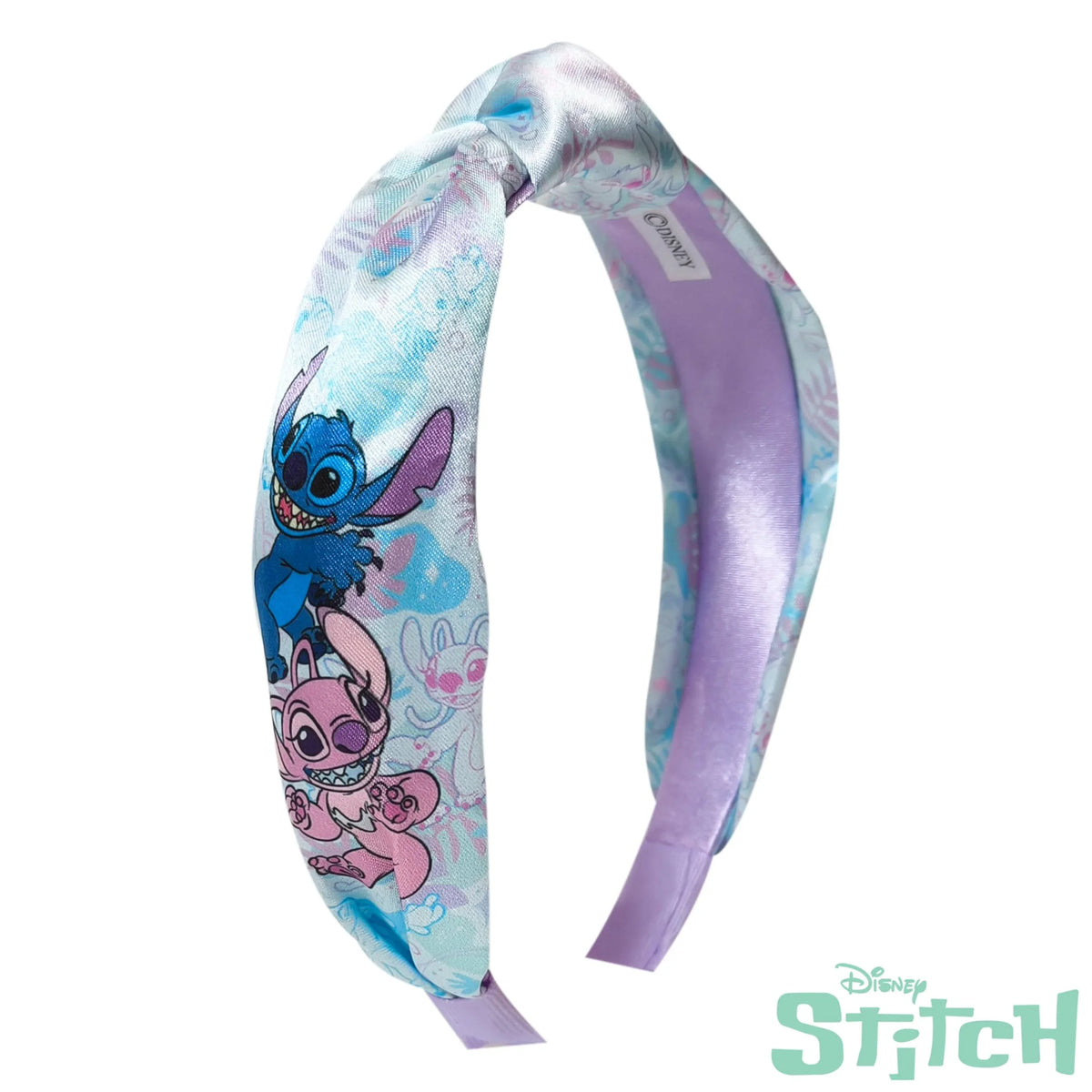 Disney Stitch headband with pastel blue and purple design, featuring Stitch and Angel characters
