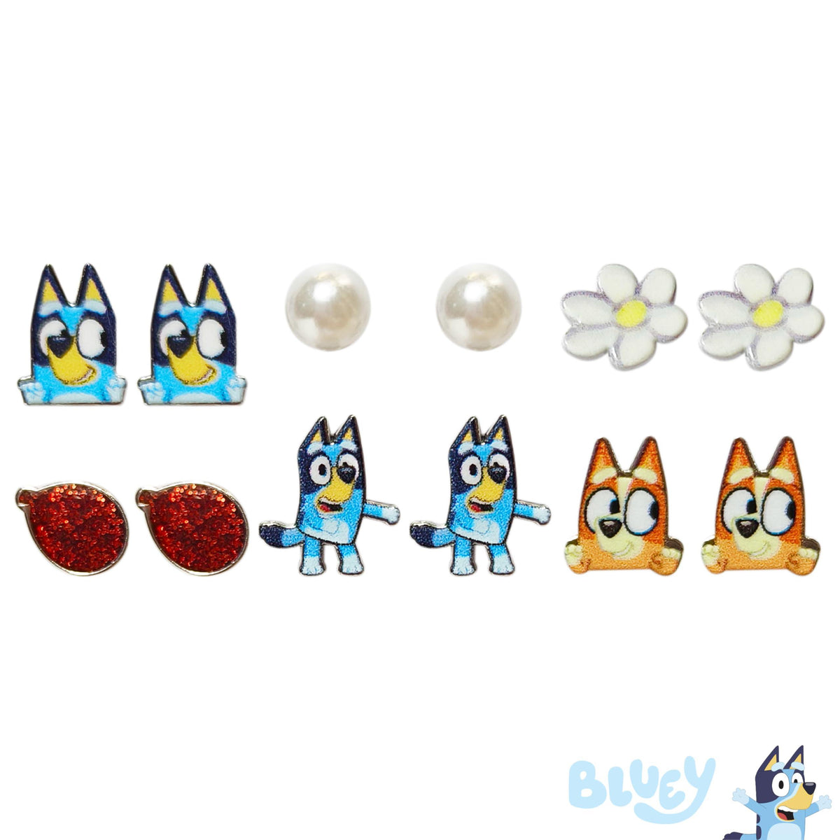 Bluey Girls' Earring Set with Bluey, Bingo, pearl, daisy, and glitter studs from LuvHer Shop