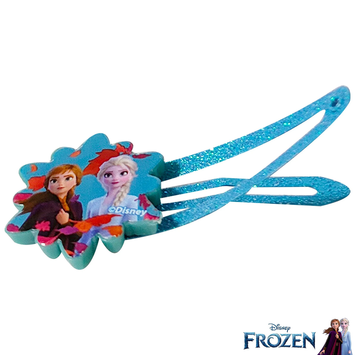 Disney Frozen hair clip with Anna and Elsa on a blue glitter snap barrette from LuvHer Shop