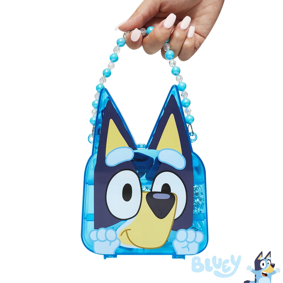 Bluey Beaded Purse kids' accessory with Bluey face design, held by hand, LuvHer Shop