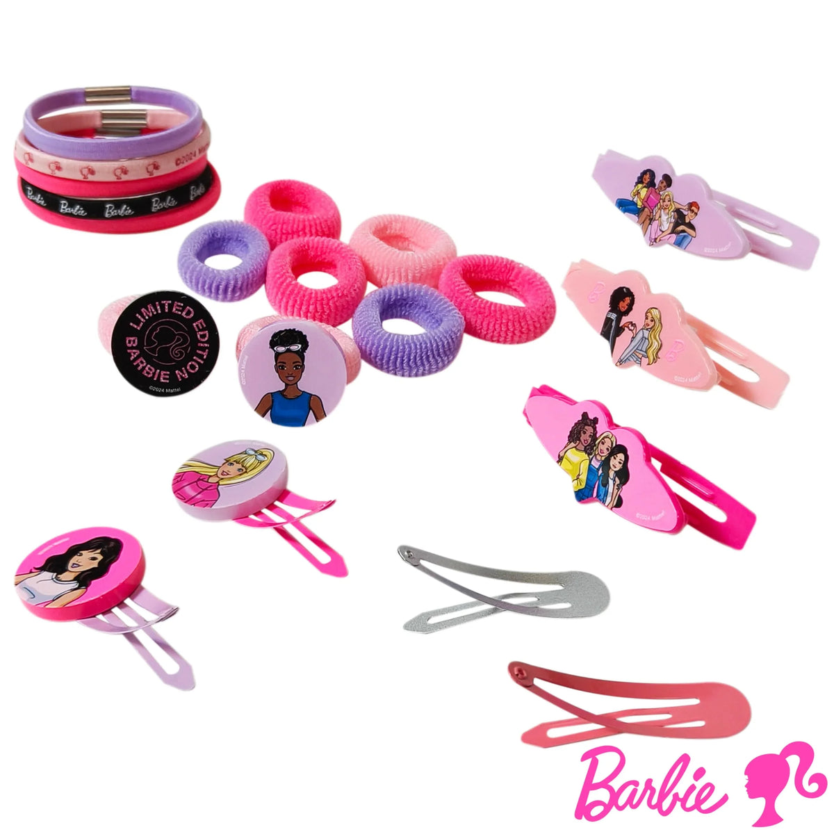 Barbie hair accessories gift set with colorful hair ties, bracelets, and decorative clips featuring Barbie characters, from LuvHer Shop.