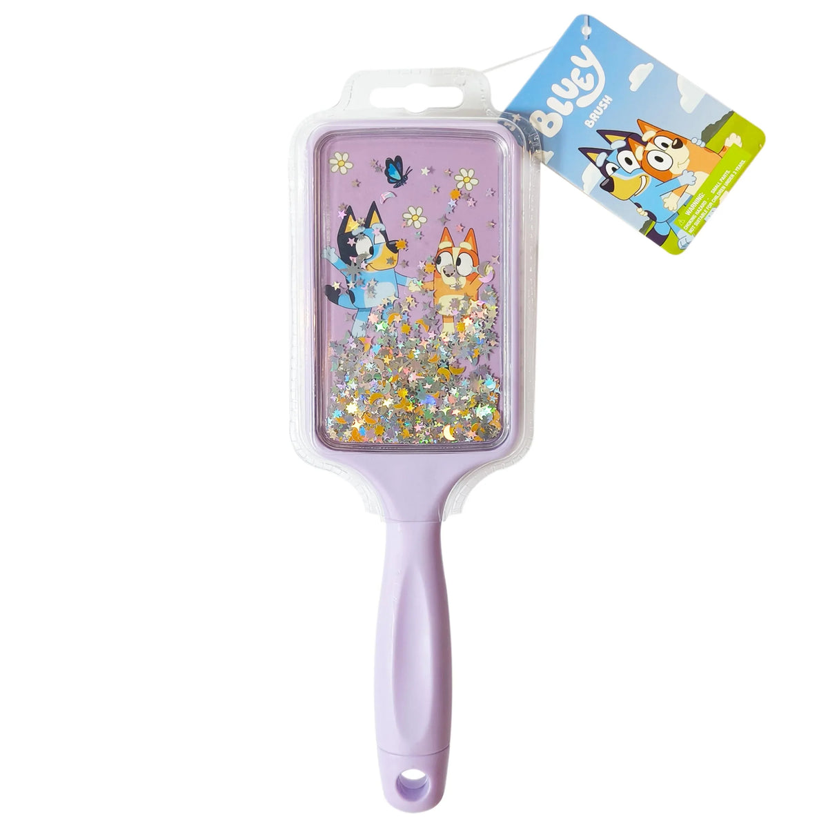 Bluey Hair Brush with glitter and Bluey characters on purple handle, licensed girls' accessory