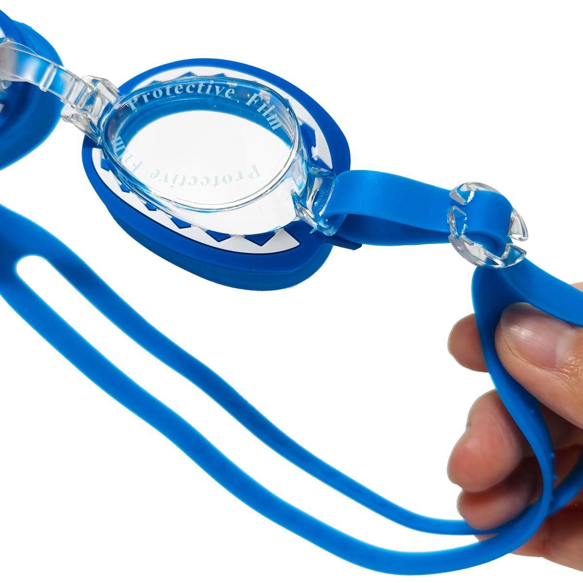 Bluey Swim Goggles for girls with blue strap, clear lenses, and zigzag trim, held by hand