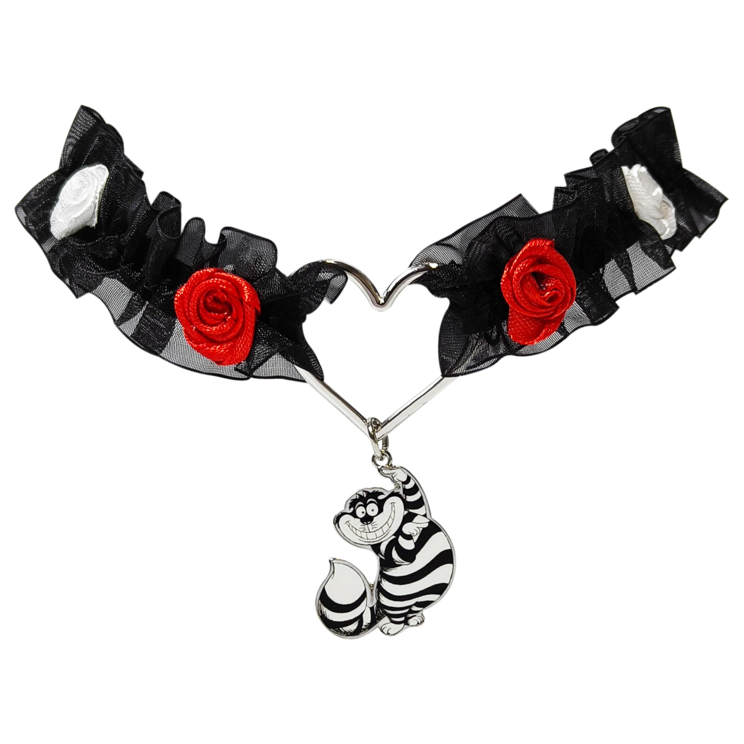 LUV HER Alice in Wonderland Heart Charm Choker Necklace with Black Ruffled Lace, Red & White Rose Details, and Pendant - Adjustable for Women and Girls - LuvHer Shop