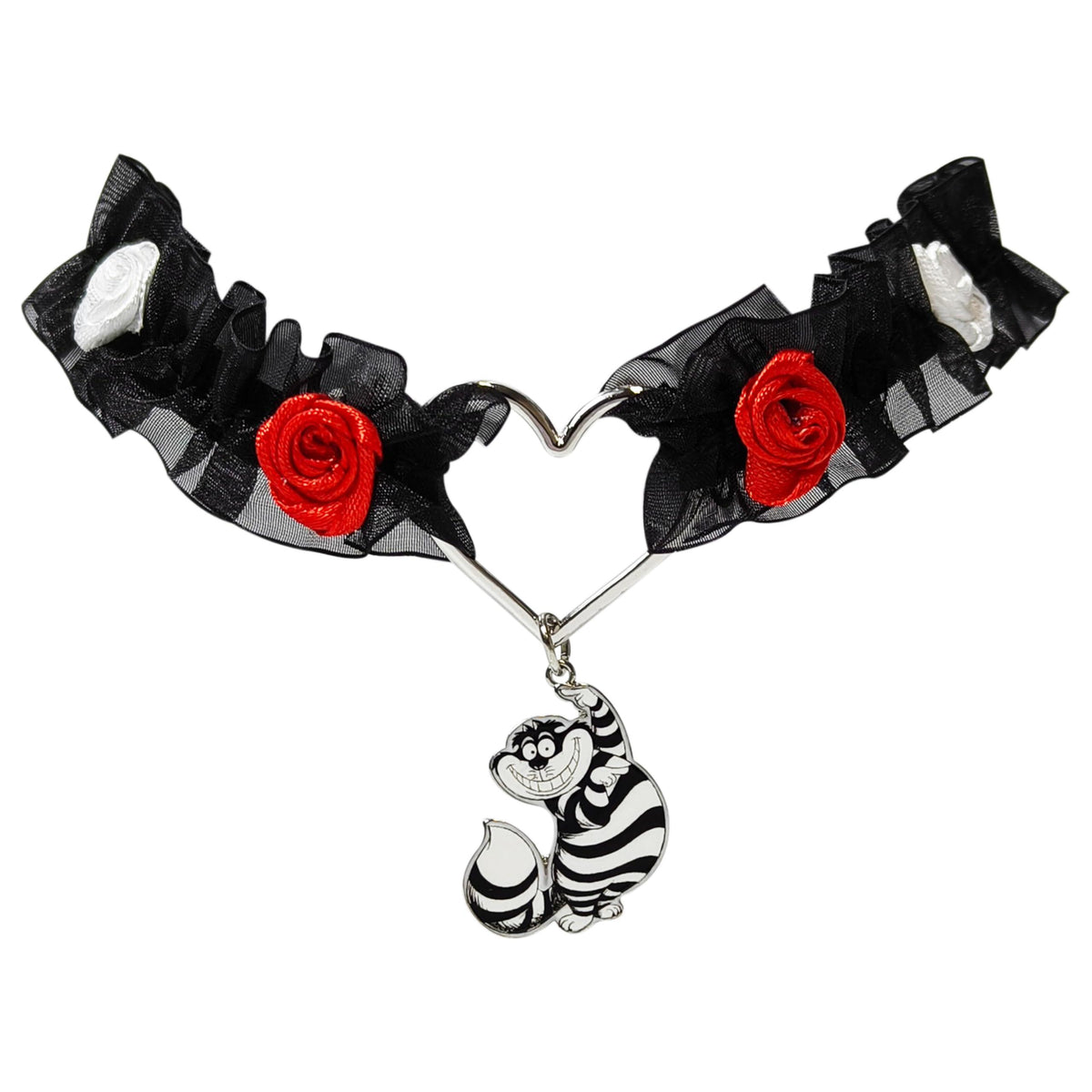 Disney Cheshire Cat choker with heart centerpiece, black ruffle, red and white rose accents