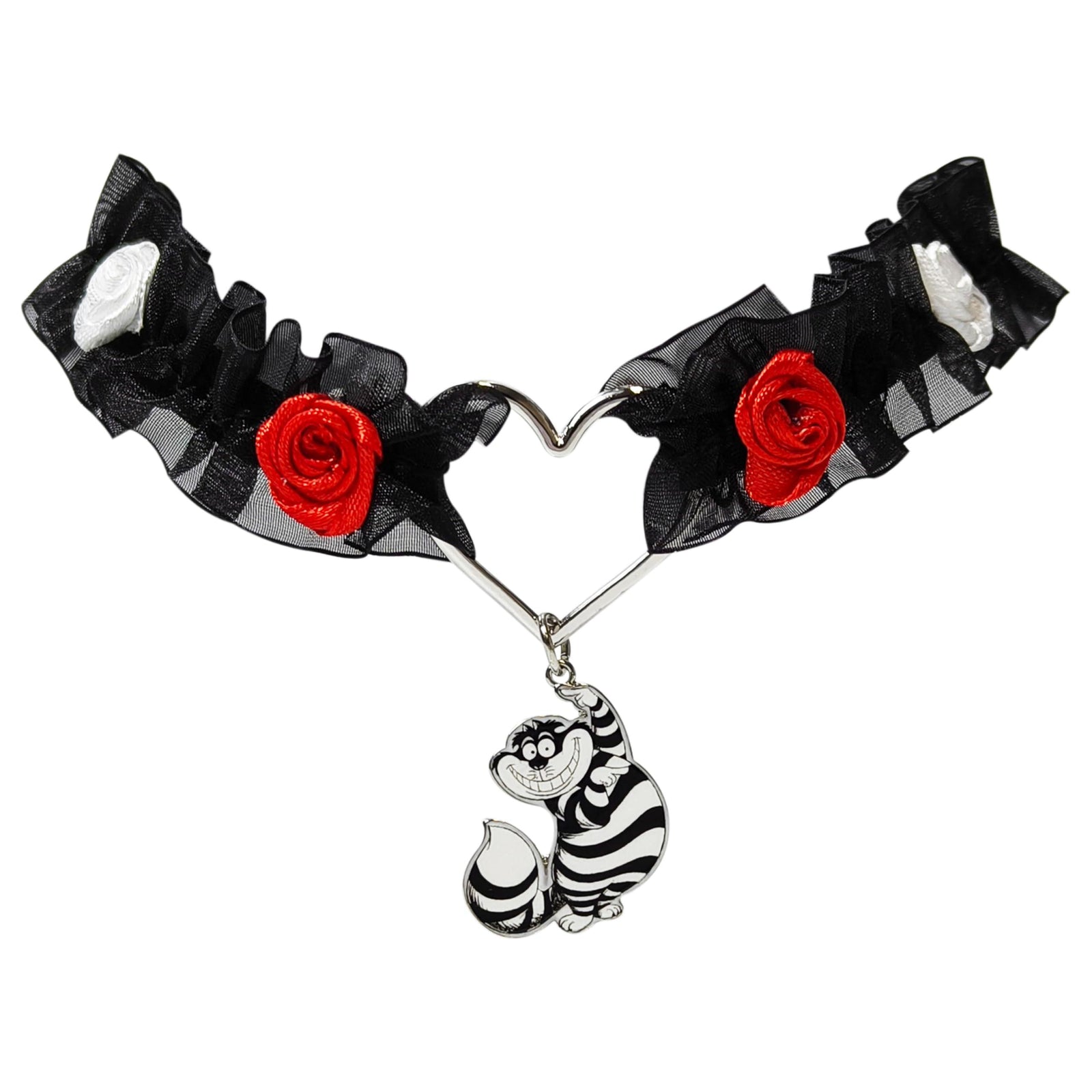 Disney Cheshire Cat choker with heart centerpiece, black ruffle, red and white rose accents