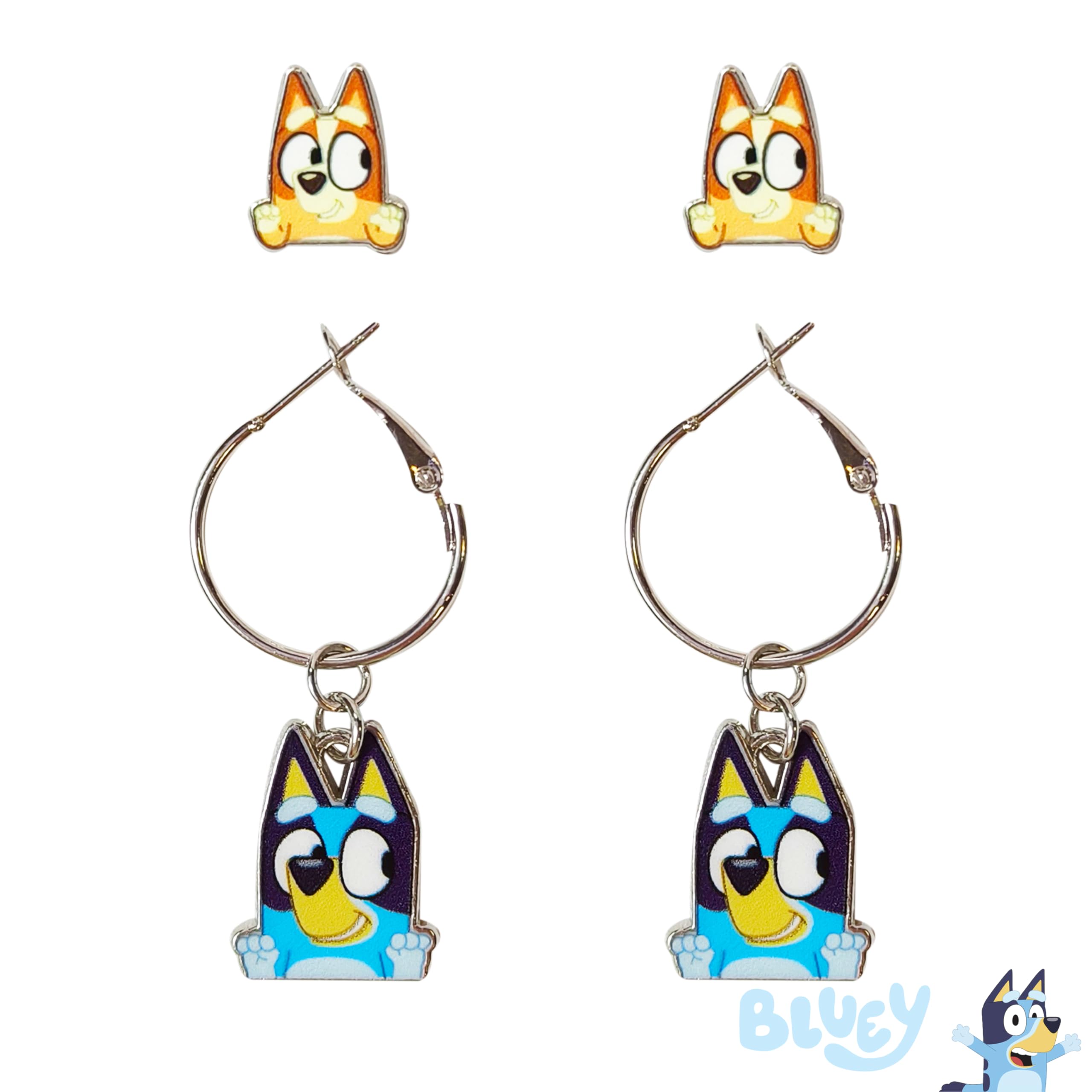 LUV HER Jewelry: 2 Pair of Bluey Hypoallergenic Earrings for Girls Stud & Fishhook Earrings with Bluey One Size Fits All Birthday Gifts For Girls Disney Accessories for Girls Ages 4+ - LuvHer Shop