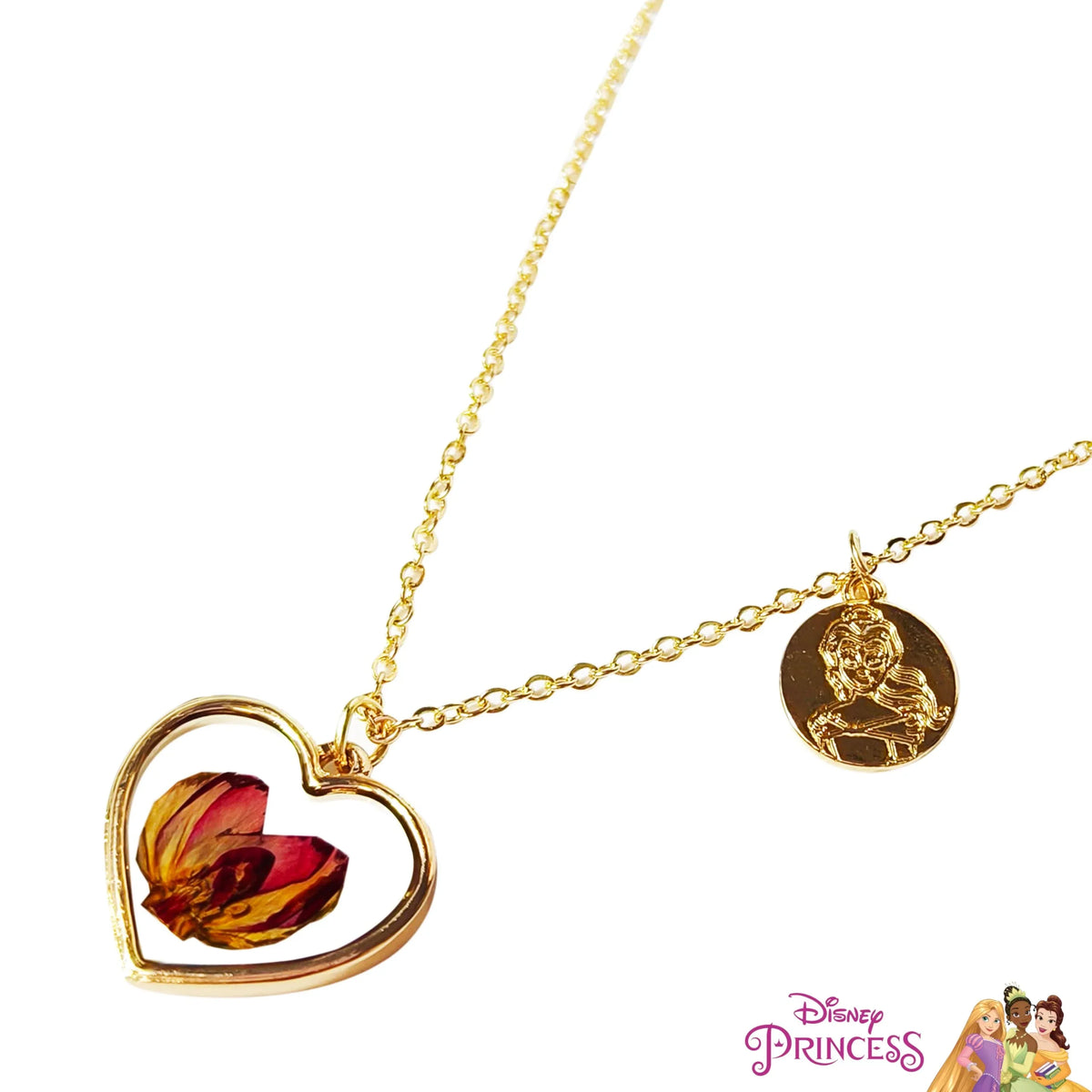 Disney Princess Belle Heart Necklace gold chain with Belle flower pendant, girls' jewelry LuvHer Shop