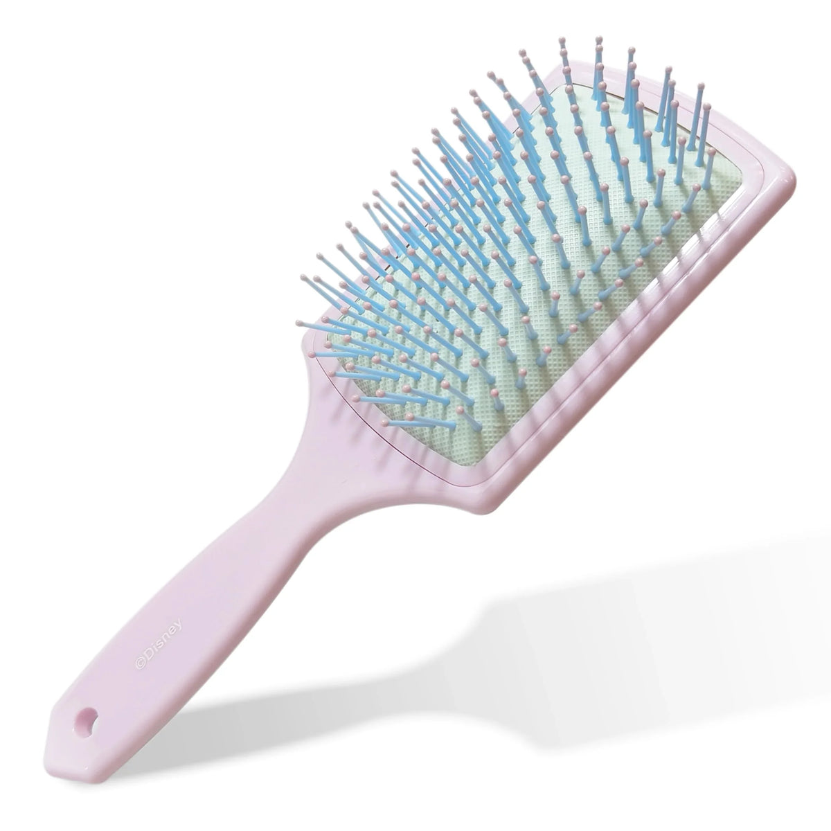 Disney girls' paddle hair brush with pink handle and blue bristles on white background