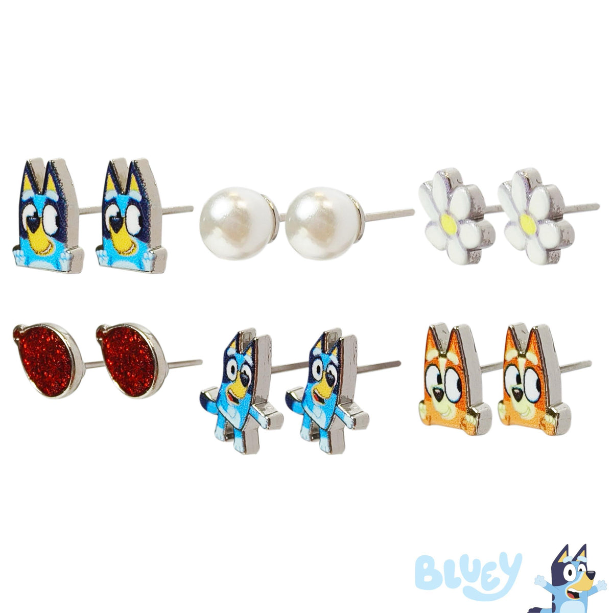 Bluey Earring Set featuring Bluey and Bingo studs, pearl studs, red glitter studs, and flower studs, official girls' accessories at LuvHer Shop