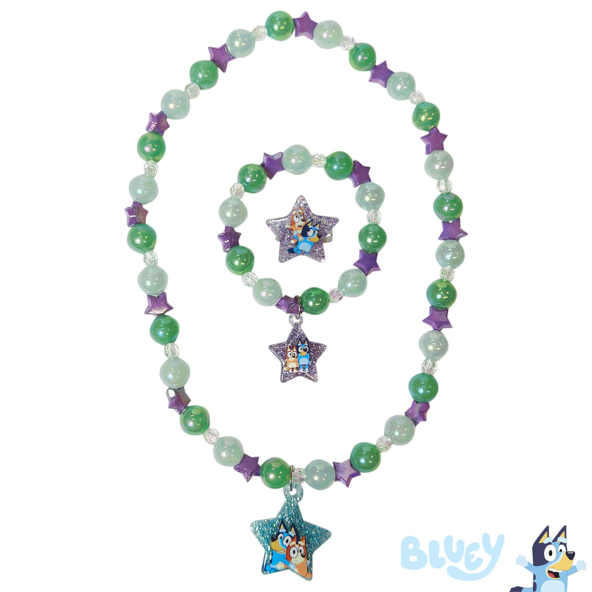 Bluey Star Beaded Necklace and Bracelet Set with green, purple beads and character charms