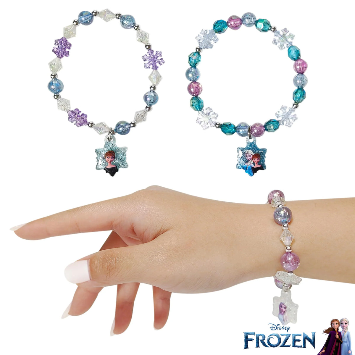 Disney Frozen beaded charm bracelets featuring Anna, Elsa, and Olaf, shown on a child's wrist, LuvHer Shop girls' accessory