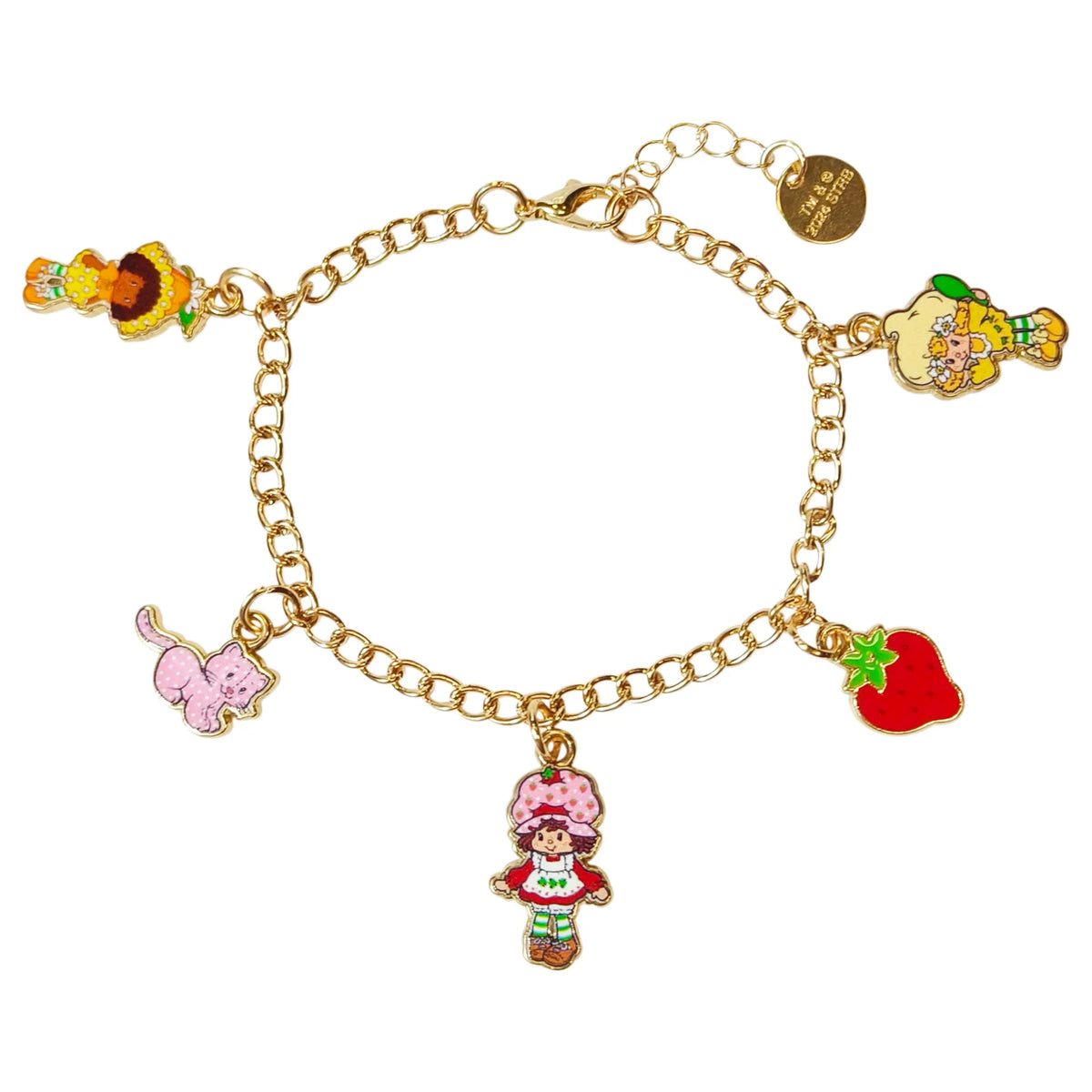Strawberry Shortcake charm bracelet with gold chain and colorful character charms