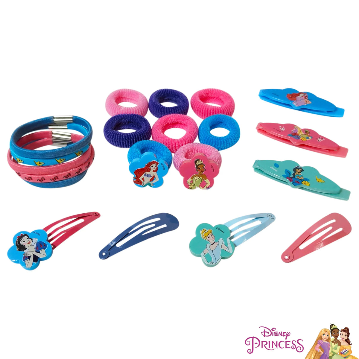 Disney Princess hair accessory gift bundle with hair ties, clips, bracelets, and princess designs