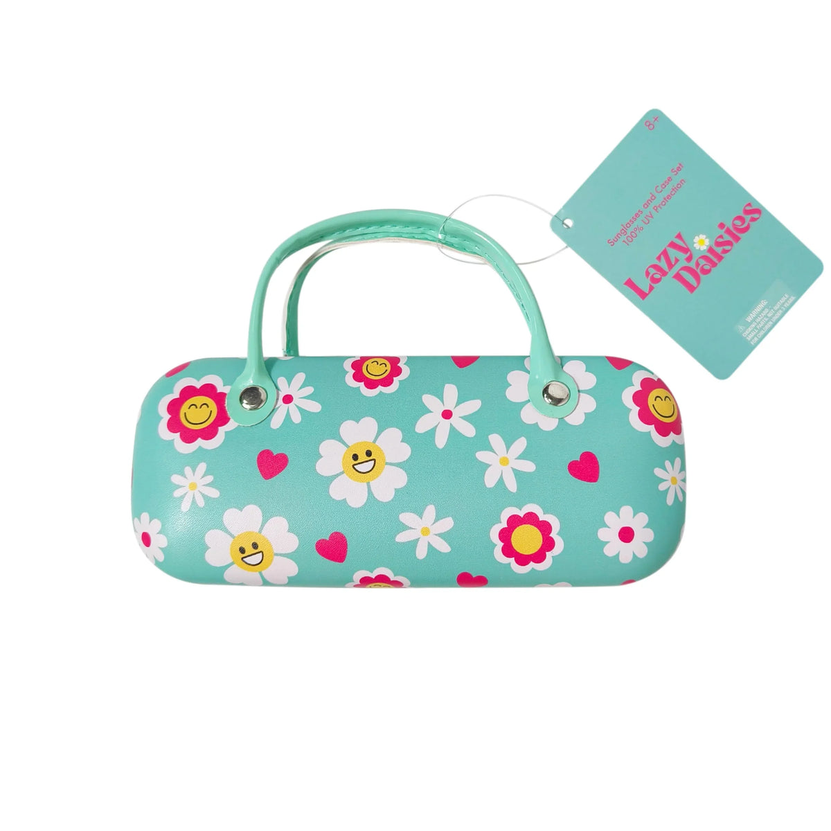 Lazy Daisies girls' sunglasses case, teal with smiling daisy and heart print, two handles