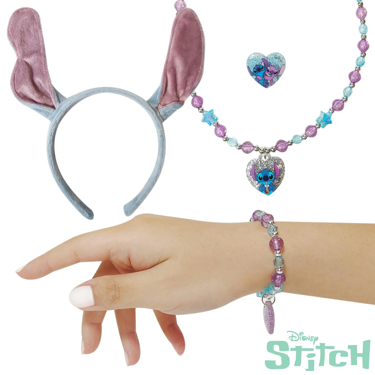 Disney Stitch Girls Jewelry and Headband Set with beaded necklace, bracelet, ring, and plush ears