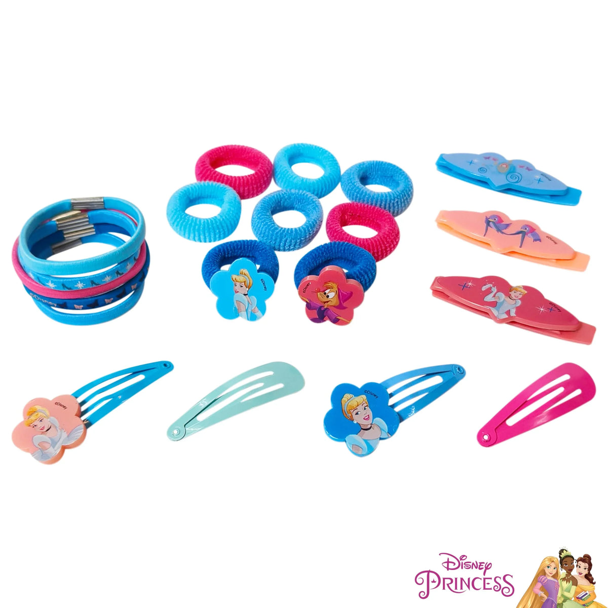 Disney Princess Hair Accessories Set featuring hair ties, clips, and bracelets with Cinderella and Aurora designs, perfect for girls from LuvHer Shop.
