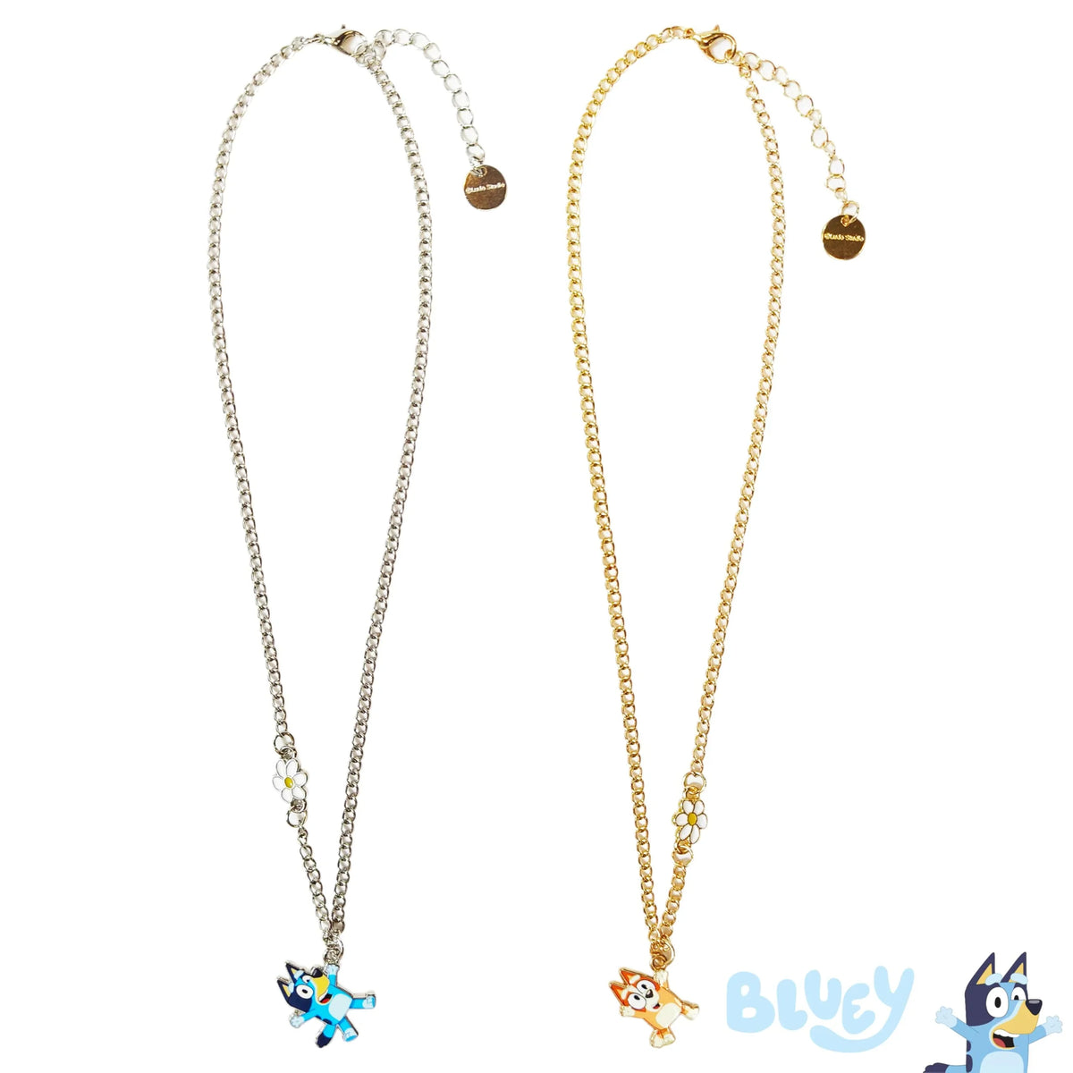 Bluey Best Friends Necklaces for girls with Bluey and Bingo charms, silver and gold chains