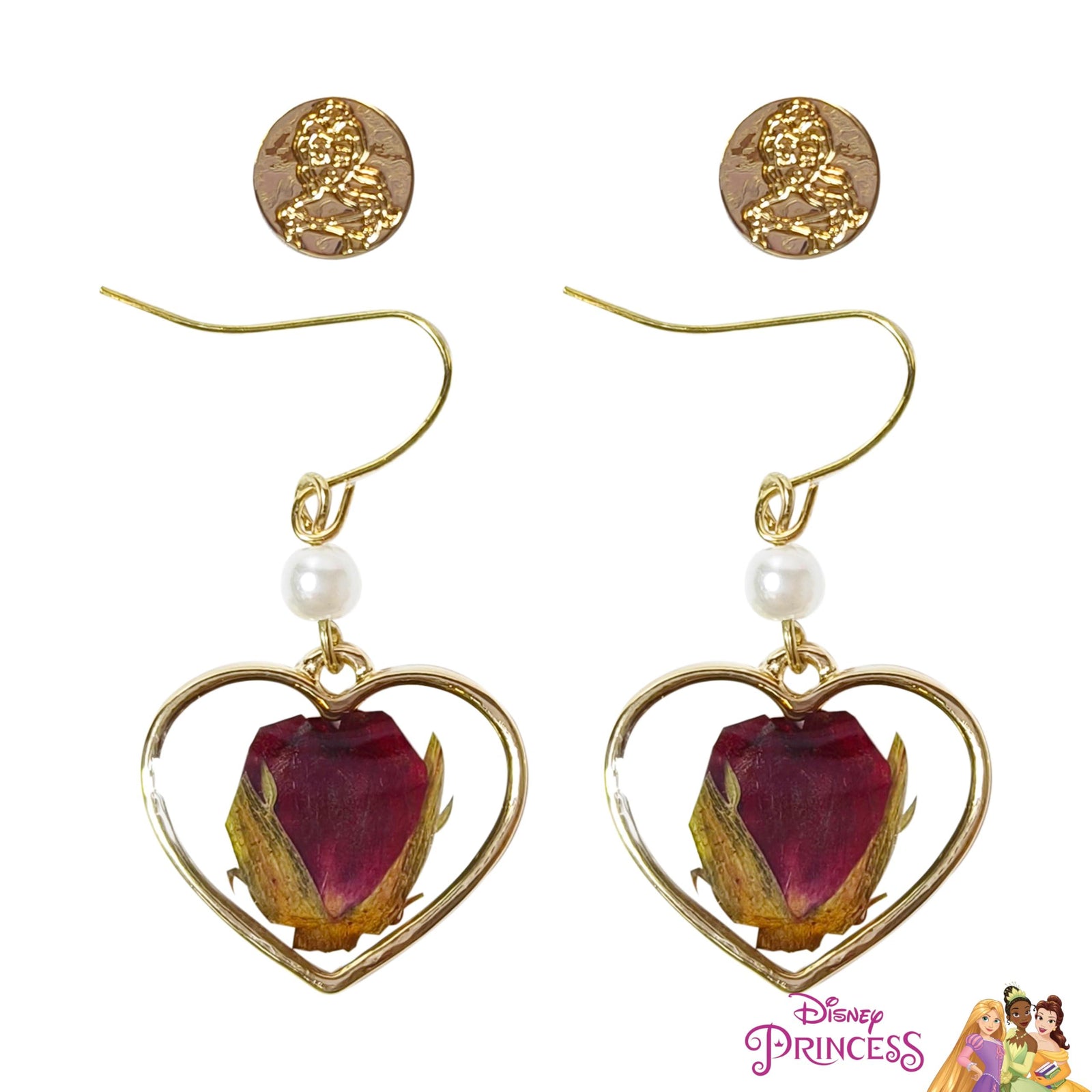 Disney Princess Belle earrings set with gold-tone studs and heart-shaped rose dangles, LuvHer Shop