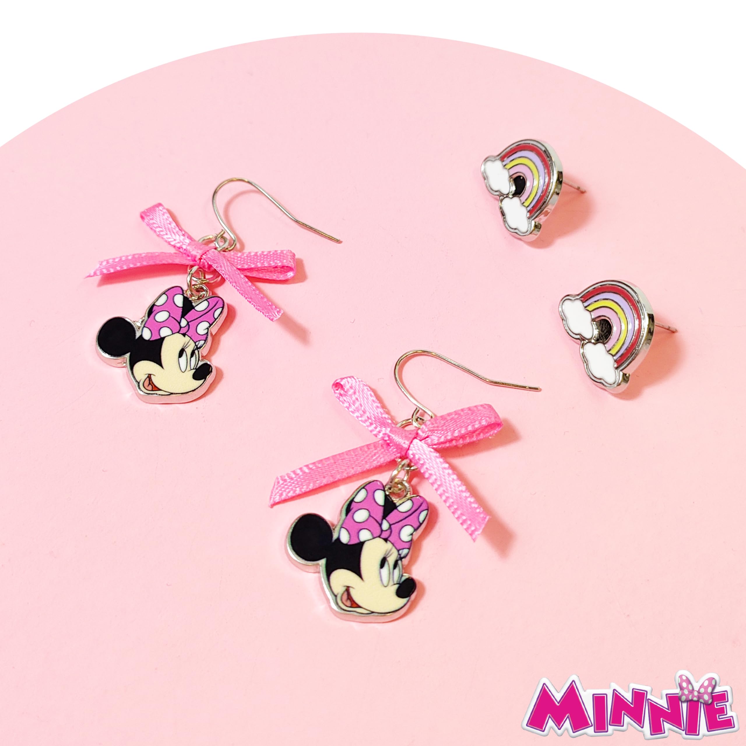 Disney Earrings: 2 Minnie Mouse Hypoallergenic Earrings for Girls (1 Stud Earrings & 1 Fishhook Drop) Cute Earrings with Charms One Size Fits All Girls Earrings, Disney Accessories for Girls Ages 4+ - LuvHer Shop