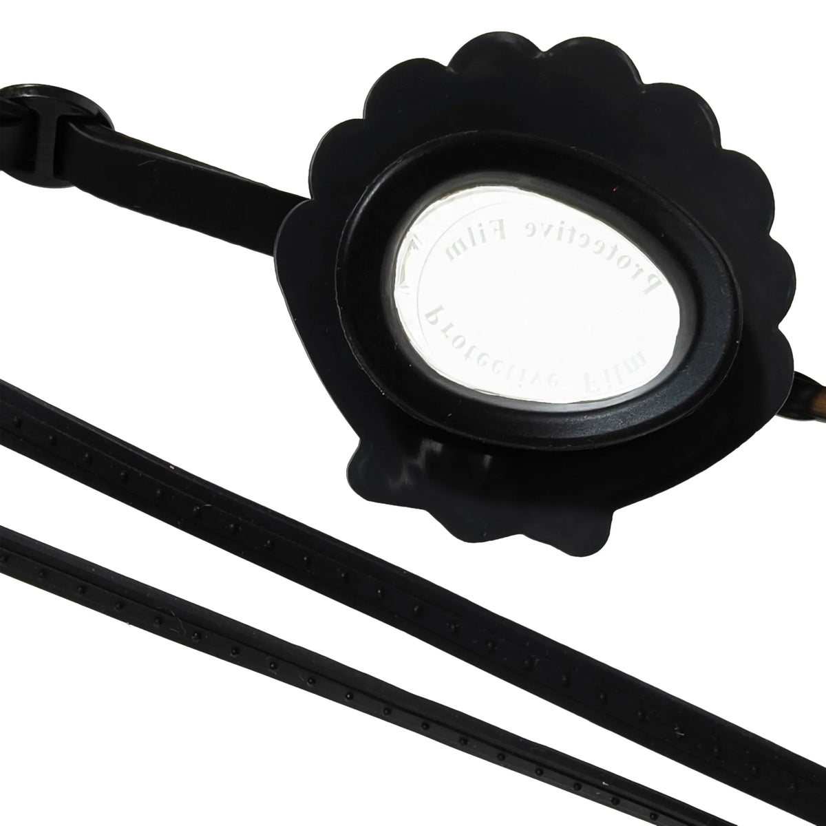 Close-up of LuvHer Shop Bluey girls' black scalloped swim goggles with clear lens