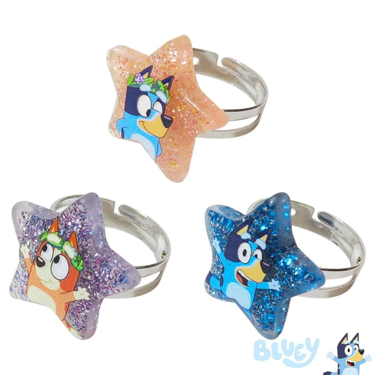 Bluey Star Shaped Glitter Rings set featuring Bluey and Bingo, official girls’ accessories