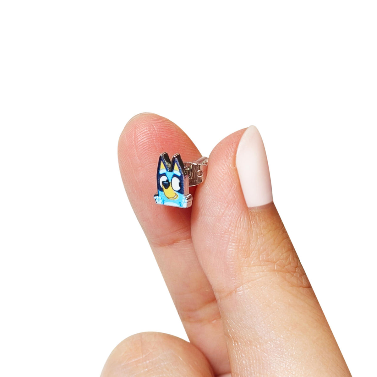 Bluey stud earring for girls featuring Bluey character held between fingers