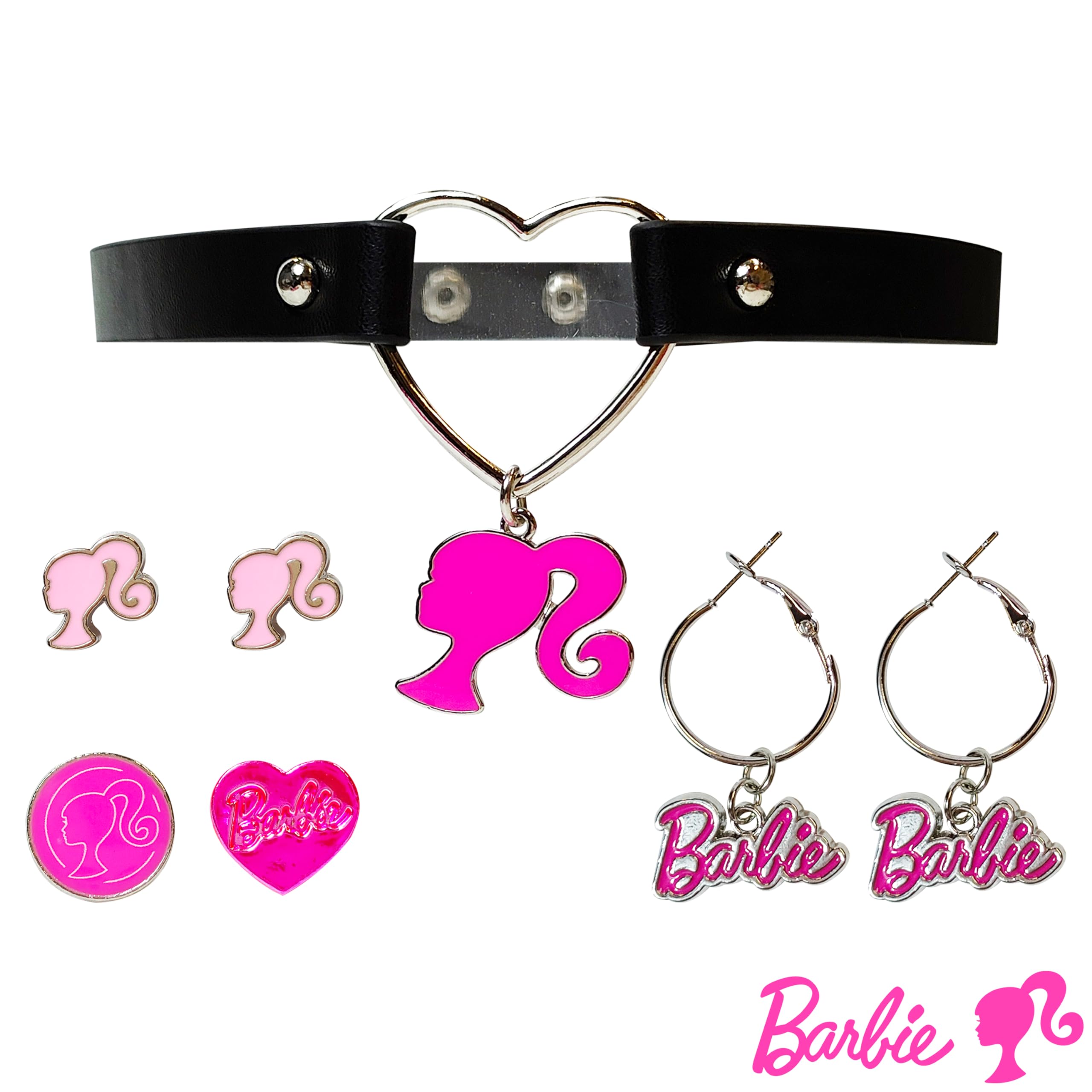 Barbie themed 2-Piece Adjustable Ring Set, a pair of stud and hoop earrings, and a choker for Girls - Barbie Themed Charms, Universally Fitting & Stylish Gifts and Accessorie A Must-Have Accessory - LuvHer Shop