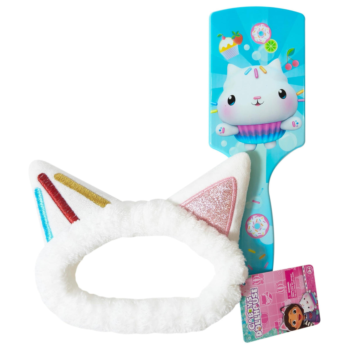 Gabby's Dollhouse headband and matching blue hairbrush with cat cupcake design for girls