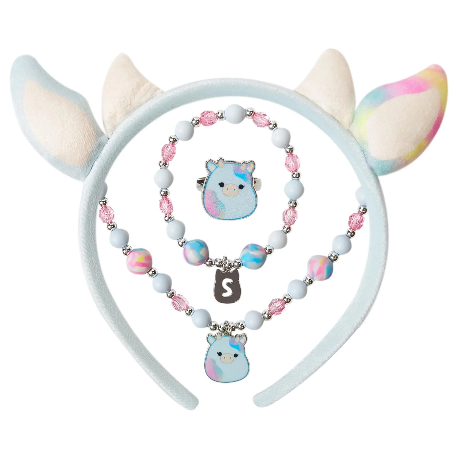 Original Squishmallows Accessory Set featuring pastel headband, necklace, bracelet, and ring for girls